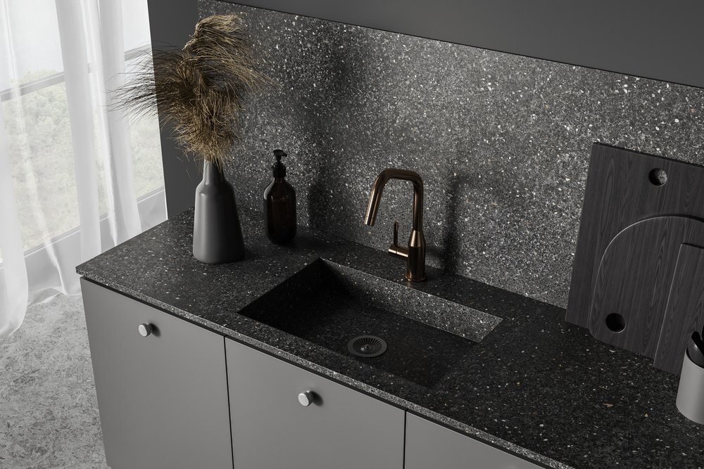 Top view of grey modern kitchen interior with cooking area and kitchenware