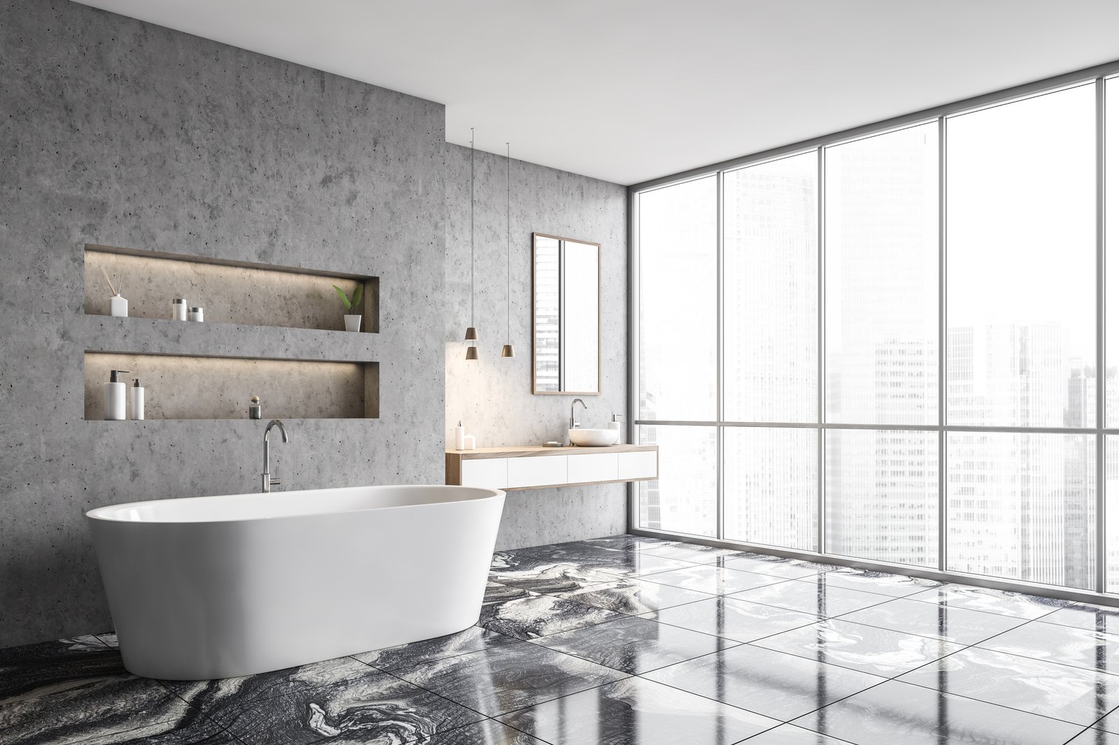 Concrete bathroom corner with sink and tub