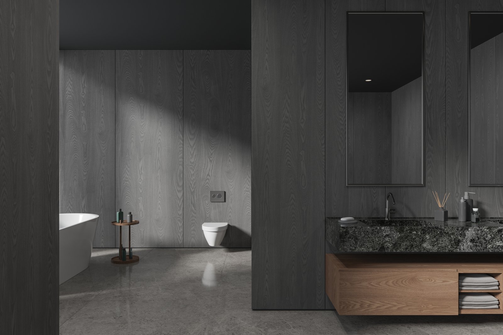 Dark wooden bathroom interior with tub and double sink