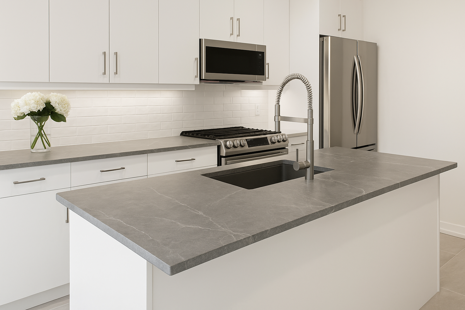 Plan de travail et évier en Dekton installés dans une cuisine moderne à Clermont-Ferrand