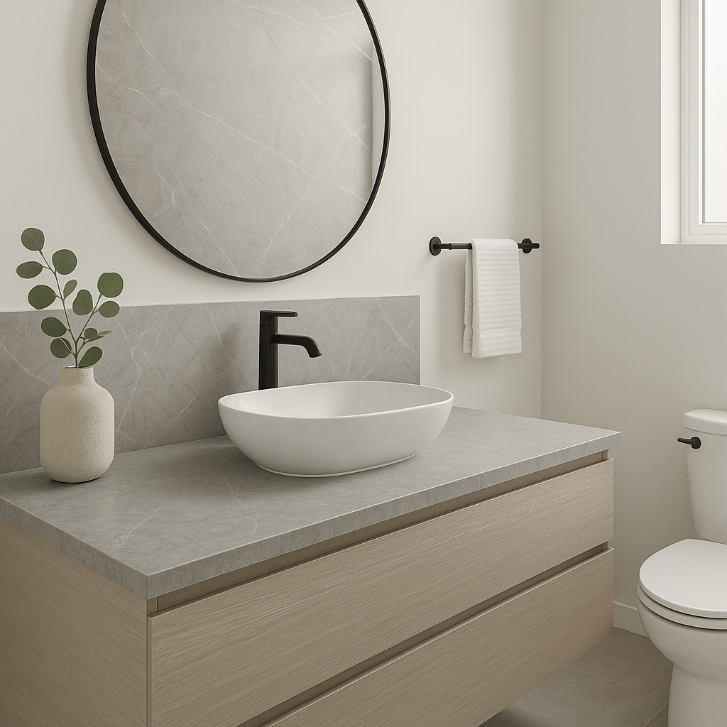 Salle de bain en Dekton avec vasque sur mesure et receveur de douche à Clermont-Ferrand