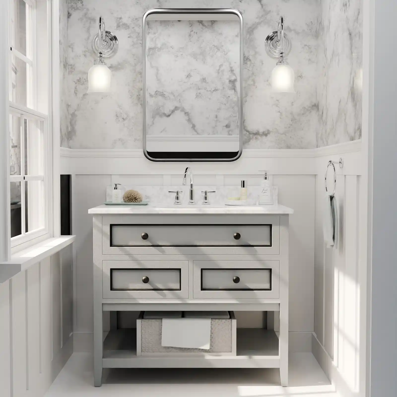 Salle de bain moderne avec vasque en marbre sur mesure, plan de toilette en pierre naturelle et mur effet marbré – design élégant et lumineux signé La Pierre Noble à Clermont-ferrand